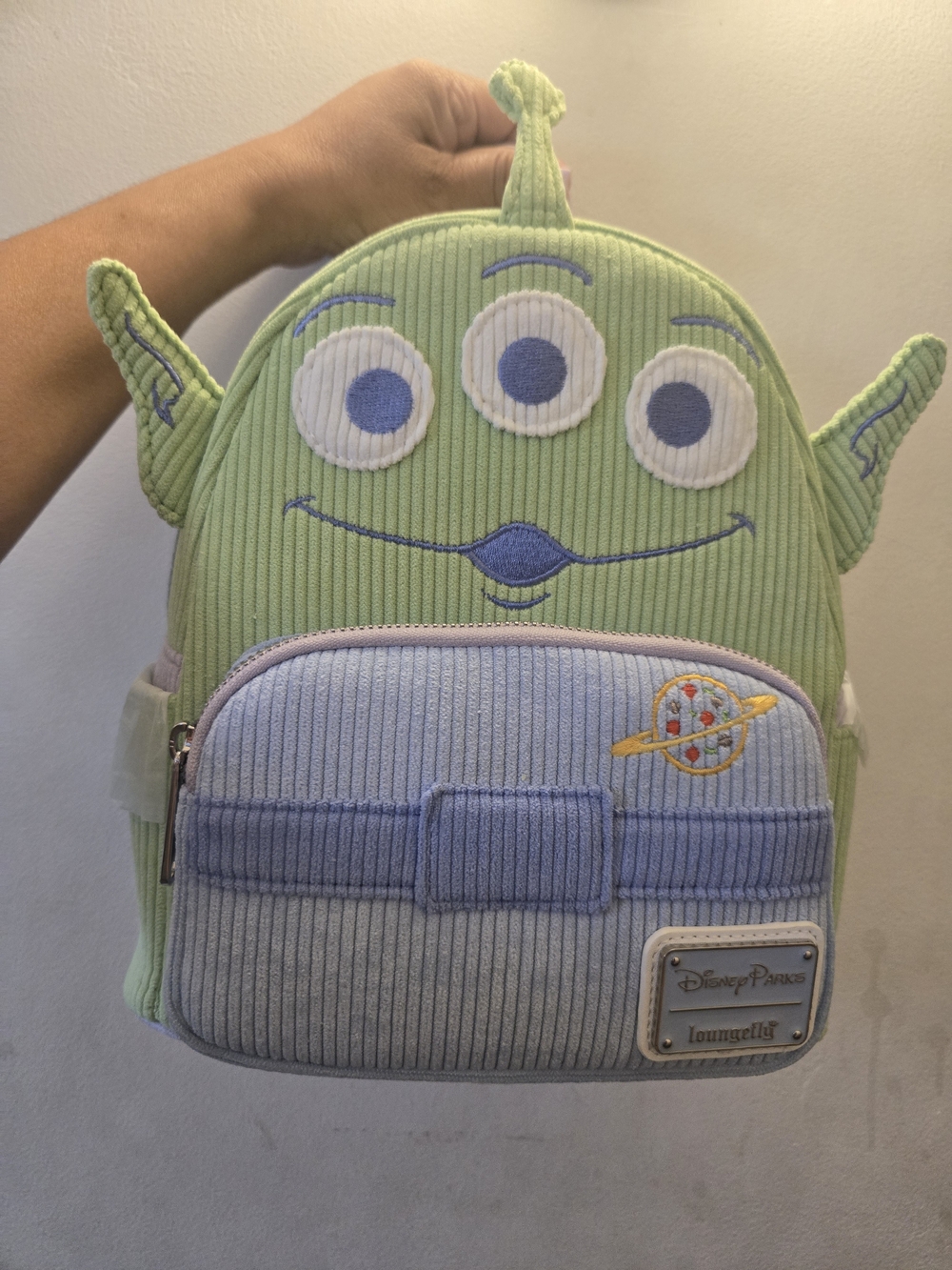 Loungefly Disney Green Three-Eyed Alien Corduroy Mini Backpack with Blue Pocket